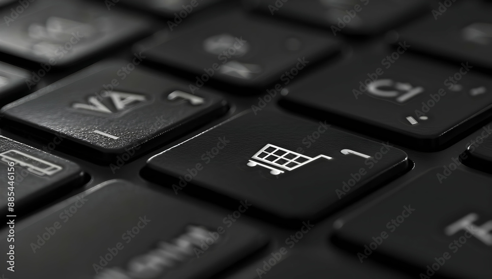 Black computer keyboard with a shopping cart icon, symbolizing online shopping, e-commerce, and digital retail transactions. Black computer keyboard with a shopping cart icon, symbolizing online shopping, e-commerce, and digital retail transactions.