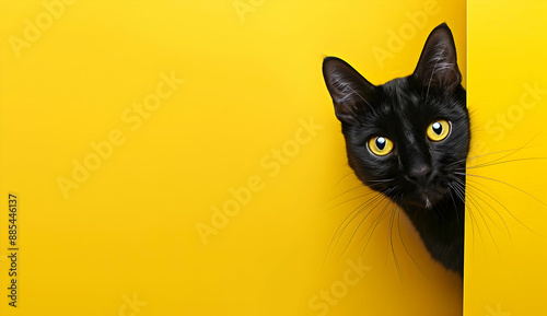 Black cat peeking around a yellow background. Bright and playful scene perfect for various creative and commercial uses.