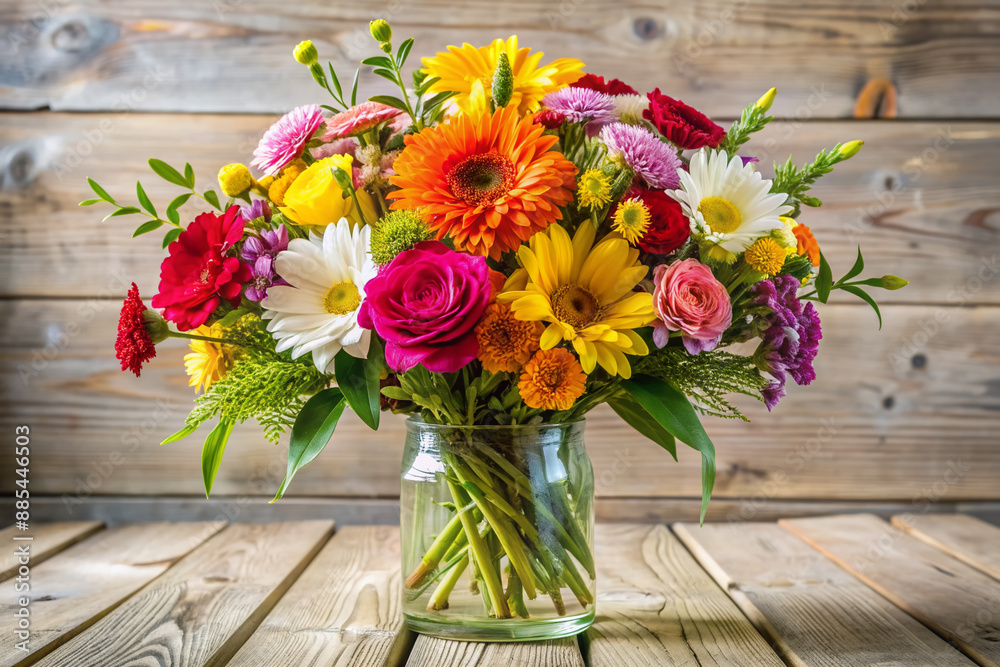 Vibrant bouquet of fresh flowers arranged in a clear vase on a rustic wooden table against a soft, creamy white background. Vibrant bouquet of fresh flowers arranged in a clear vase on a rustic wooden table against a soft, creamy white background.
