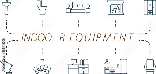 Indoor equipment outline icons set. Creative icons: washbasin, toilet bowl, bedroom, fireplace, cupboard, table lamp, chandelier, office table, kitchen, armchair.