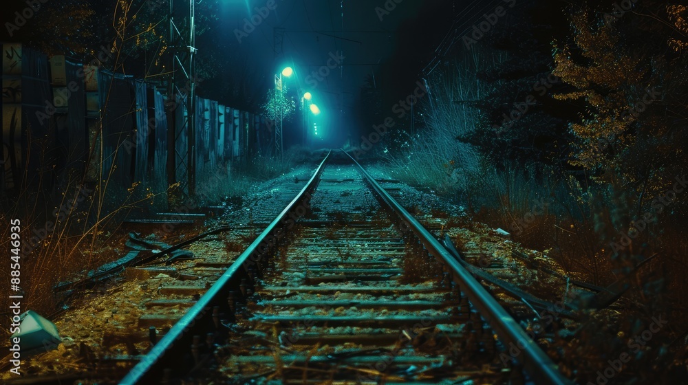 Train tracks disappearing into the night