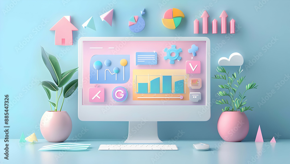 Colorful pastel computer setup with graphs and charts on screen, symbolizing data analysis and digital growth in a creative workspace. Colorful pastel computer setup with graphs and charts on screen, symbolizing data analysis and digital growth in a creative workspace.