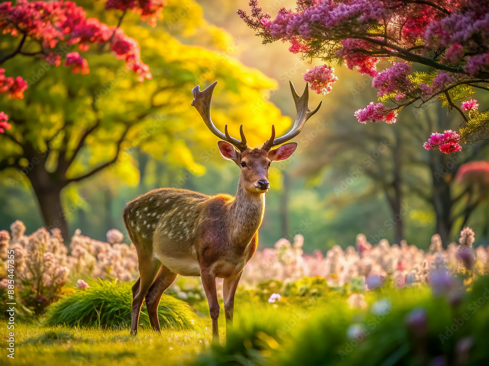 Fototapeta premium Serene deer grazes on lush green foliage, surrounded by vibrant blooms, in a tranquil and idyllic spring landscape, radiating peacefulness and natural beauty.