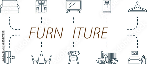 Furniture outline icons set. Creative icons: sofa, curtains, tv, shower stall, hanger, entrance, dinner table, coffee table, children room, interior.