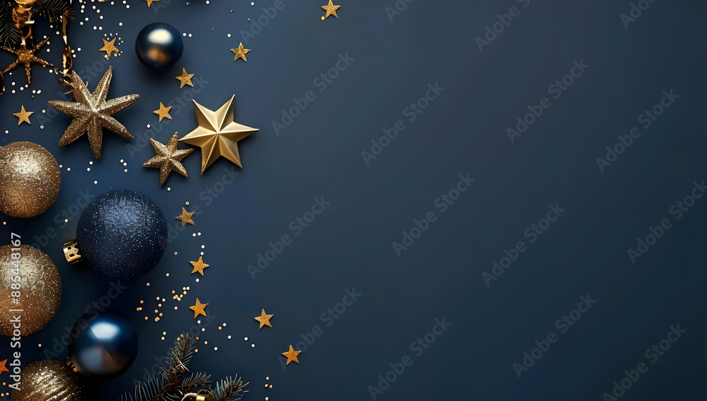 Fototapeta premium Elegant Christmas background with gold and blue ornaments and stars on a dark backdrop, perfect for festive and holiday designs.
