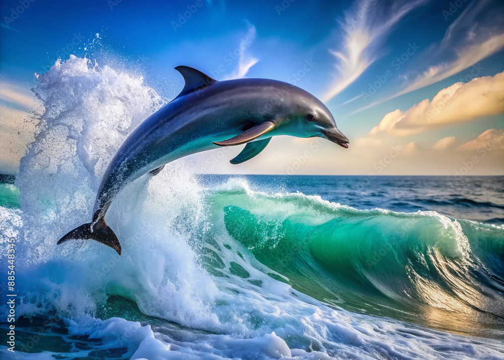 Fototapeta premium Vibrant blue ocean waves crash as a sleek dolphin leaps into the air, its shimmering gray body glistening with sea spray, freedom and joy embodied.