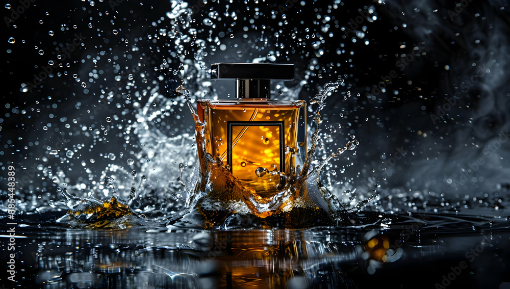 Elegant perfume bottle splashing in water, showcasing luxury fragrance with a dramatic dark background and vivid droplets in motion. Elegant perfume bottle splashing in water, showcasing luxury fragrance with a dramatic dark background and vivid droplets in motion.