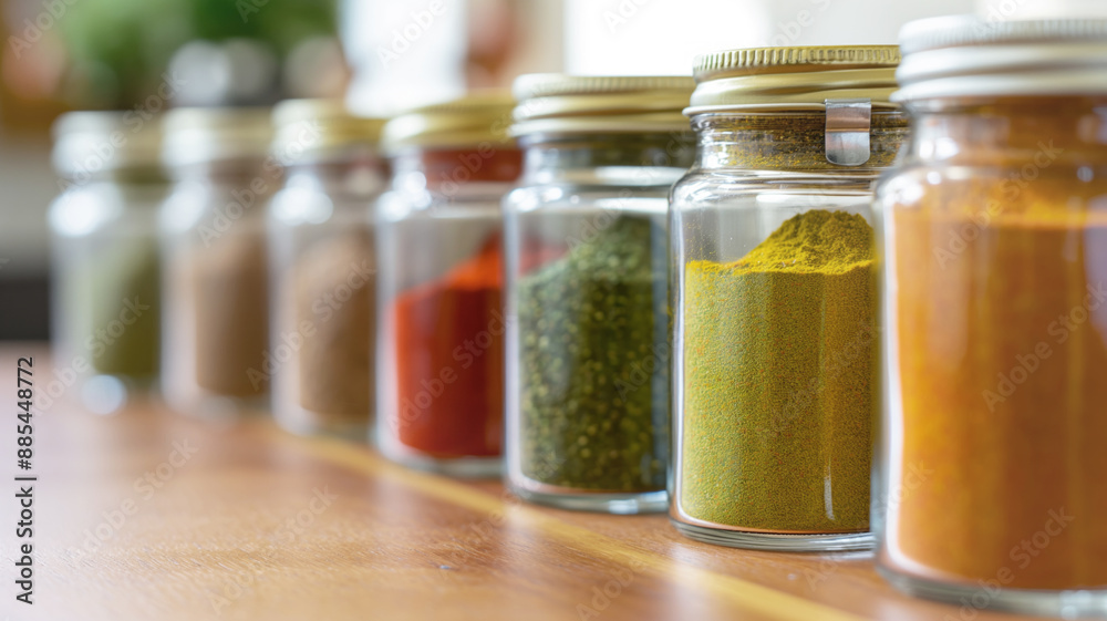 Row of glass jars filled with various colorful spices neatly arranged on a wooden surface. Display of culinary diversity highlighting the vibrant colors and textures of different seasonings Row of glass jars filled with various colorful spices neatly arranged on a wooden surface. Display of culinary diversity highlighting the vibrant colors and textures of different seasonings