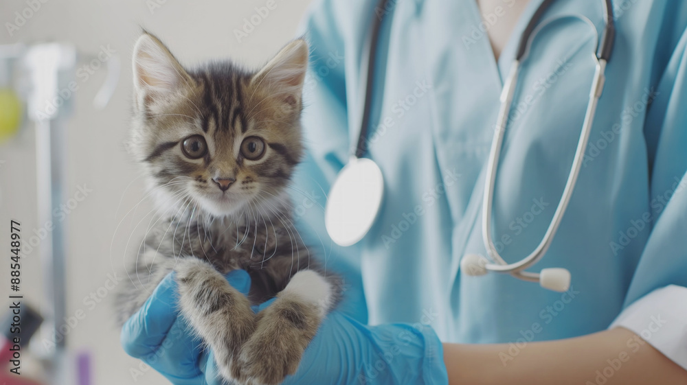 Veterinarian in blue scrubs holding a cute kitten with gloved hands in a clinic. Focus on the kitten's curious expression highlighting the care and attention provided by the vet Veterinarian in blue scrubs holding a cute kitten with gloved hands in a clinic. Focus on the kitten's curious expression highlighting the care and attention provided by the vet