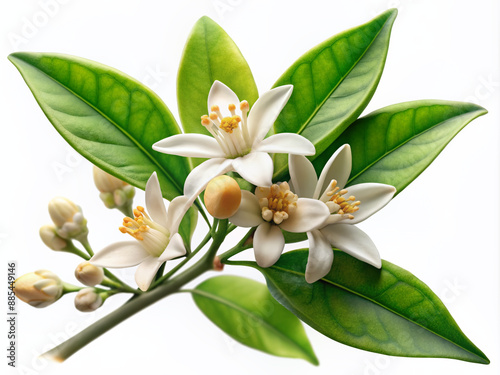 Delicate orange blossom branch with unopened white flower buds and lush green leaves isolated on transparent background, capturing the essence of neroli citrus bloom. photo