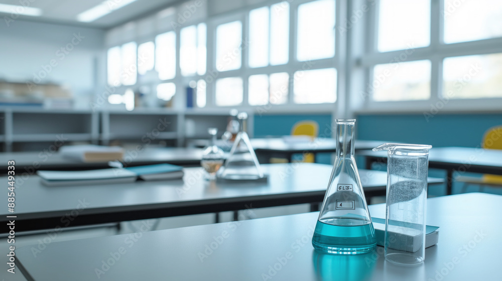 Empty science classroom with laboratory glassware on the desks, including beakers and flasks filled with colorful liquids. Bright and organized environment ready for experiments and learning Empty science classroom with laboratory glassware on the desks, including beakers and flasks filled with colorful liquids. Bright and organized environment ready for experiments and learning