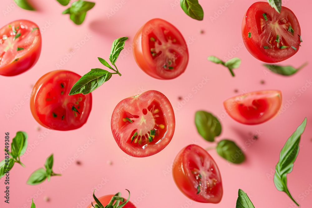 tomato slices with leaves floating in the air tomato slices with leaves floating in the air