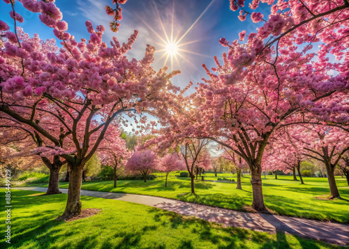 Vibrant pink cherry blossoms bloom along a serene alleyway in a picturesque park, surrounded by lush greenery and tranquil atmosphere on a sunny spring day. photo