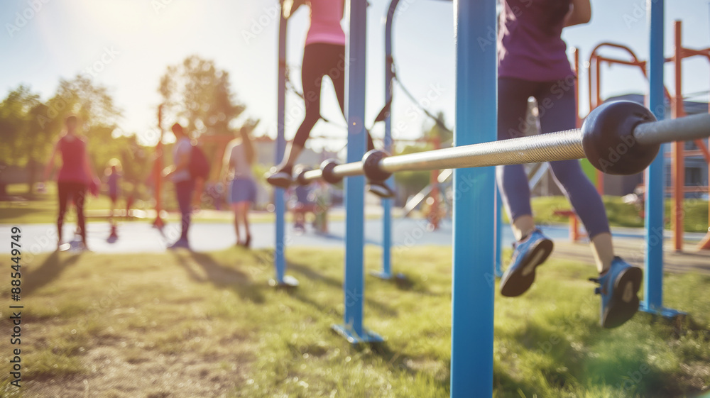 People exercising on outdoor fitness equipment in a park under the sunlight. Scene highlighting physical activity, health, and community engagement in a natural setting People exercising on outdoor fitness equipment in a park under the sunlight. Scene highlighting physical activity, health, and community engagement in a natural setting