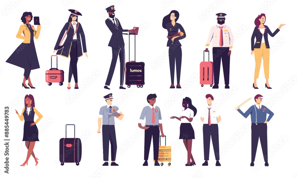 A pilot at an airport, air traffic controllers with light signals, employees at check-in and scanning machines, security guards, stewardesses, and loading workers. A pilot at an airport, air traffic controllers with light signals, employees at check-in and scanning machines, security guards, stewardesses, and loading workers.