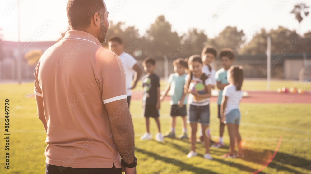 Coach observing a group of children on a sports field, preparing for a game under the sunlight. Scene highlighting teamwork, physical activity, and youth sports Coach observing a group of children on a sports field, preparing for a game under the sunlight. Scene highlighting teamwork, physical activity, and youth sports