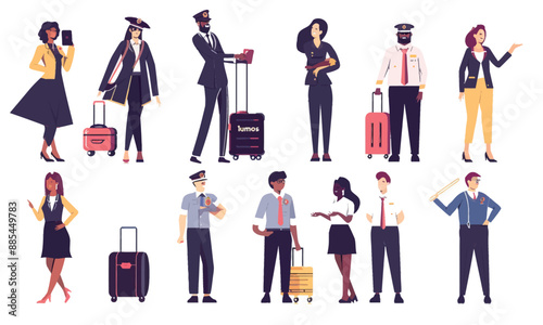 A pilot at an airport, air traffic controllers with light signals, employees at check-in and scanning machines, security guards, stewardesses, and loading workers.