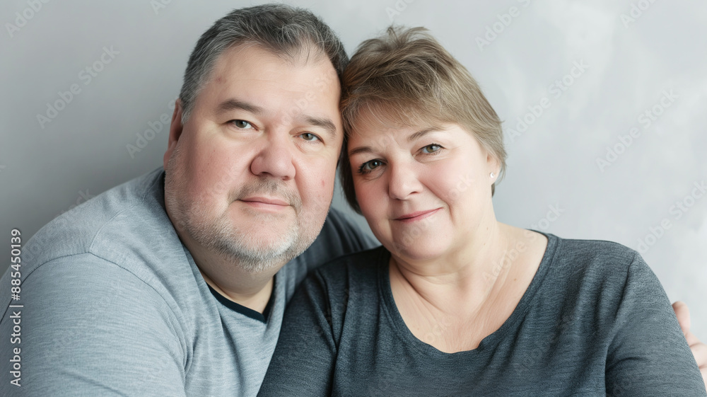 Overweight senior couple posing closely together, showing affection and contentment. They are dressed casually and looking directly at the camera with gentle smiles Overweight senior couple posing closely together, showing affection and contentment. They are dressed casually and looking directly at the camera with gentle smiles