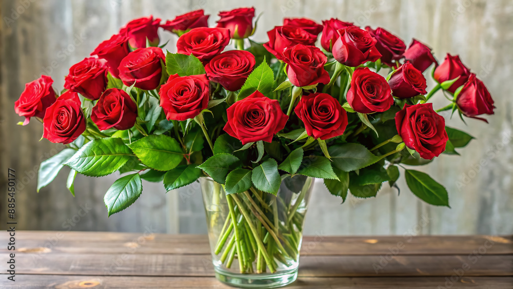 A beautiful, lush bouquet of long-stemmed, velvety red roses with delicate green leaves and subtle sheen, arranged artfully in a stylish transparent vase. A beautiful, lush bouquet of long-stemmed, velvety red roses with delicate green leaves and subtle sheen, arranged artfully in a stylish transparent vase.