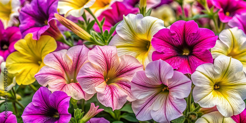 Vibrant petunia blooms in shades of pink, purple, white, and yellow fill the frame, showcasing delicate trumpet-shaped flowers with intricate veins and soft textures.