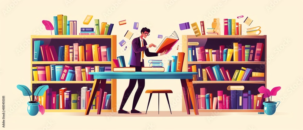 A person standing in a colorful library, reading a book at a wooden table, surrounded by shelves full of books and vibrant decor. A person standing in a colorful library, reading a book at a wooden table, surrounded by shelves full of books and vibrant decor.