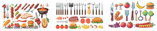 Picnic grill set with meat and fish isolated on white background. Cooking beef and vegetables isolated icon illustration. Summer meal on brazier. Burger and hotdog grilled collection.