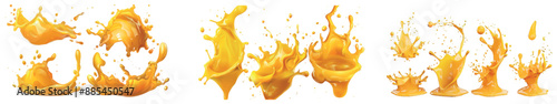 Set of falling and flowing beer, orange, mango, or lemon juice, oil, soda or honey liquid waves. Modern realistic set of liquid waves.