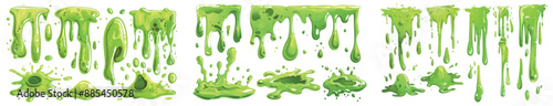 Green slime splashes, border and frames with dripping poison goo. Cartoon set of fluid mucus drops and blobs. Illustration of sticky ooze splatters isolated on white.