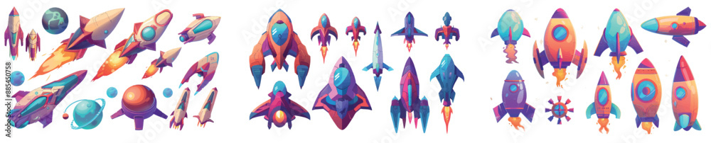 A collection of spaceship game icons isolated on a white background. Cartoon rocket, UFO shuttle illustrations. Fantasy cosmic objects, graphic design elements for computer games. A collection of spaceship game icons isolated on a white background. Cartoon rocket, UFO shuttle illustrations. Fantasy cosmic objects, graphic design elements for computer games.