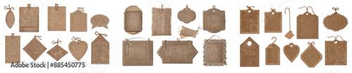 Isolated white background with jute cloth patches, burlap labels, and stitched foreground from brown canvas material.