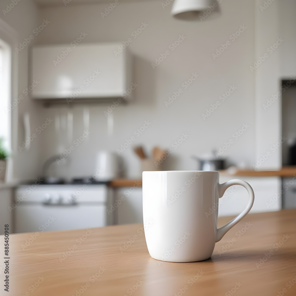 White ceramic coffee cup placed on a tabletop with a hazy kitchen background, copy space for custom designs or text White ceramic coffee cup placed on a tabletop with a hazy kitchen background, copy space for custom designs or text