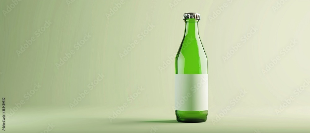 Tall green bottle with a blank label on a light background. Tall green bottle with a blank label on a light background.