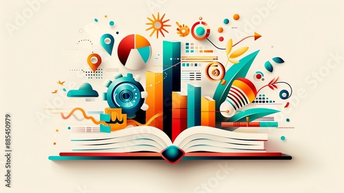 Colorful infographic concept illustrating data analysis, business growth, and knowledge from an open book. Modern and vibrant design.