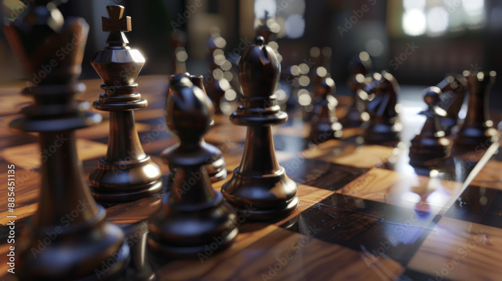 A set of polished chess pieces meticulously positioned on a beautifully textured wooden board. A set of polished chess pieces meticulously positioned on a beautifully textured wooden board.