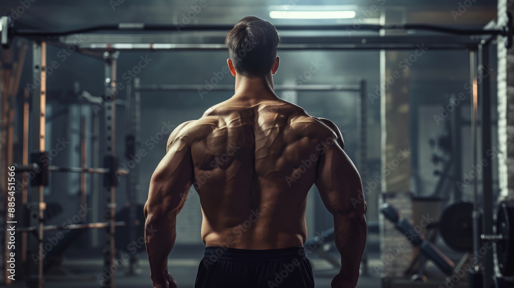 Person with a muscular physique facing away, showcasing a sculpted back in a dimly lit gym, epitomizing strength and dedication. Person with a muscular physique facing away, showcasing a sculpted back in a dimly lit gym, epitomizing strength and dedication.
