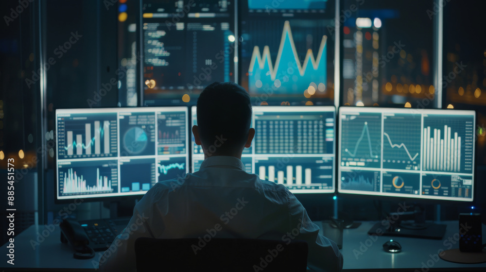 A focused individual monitors multiple graphs and data on computer screens in a dimly lit office, reflecting the intensity and analytical nature of their work. A focused individual monitors multiple graphs and data on computer screens in a dimly lit office, reflecting the intensity and analytical nature of their work.