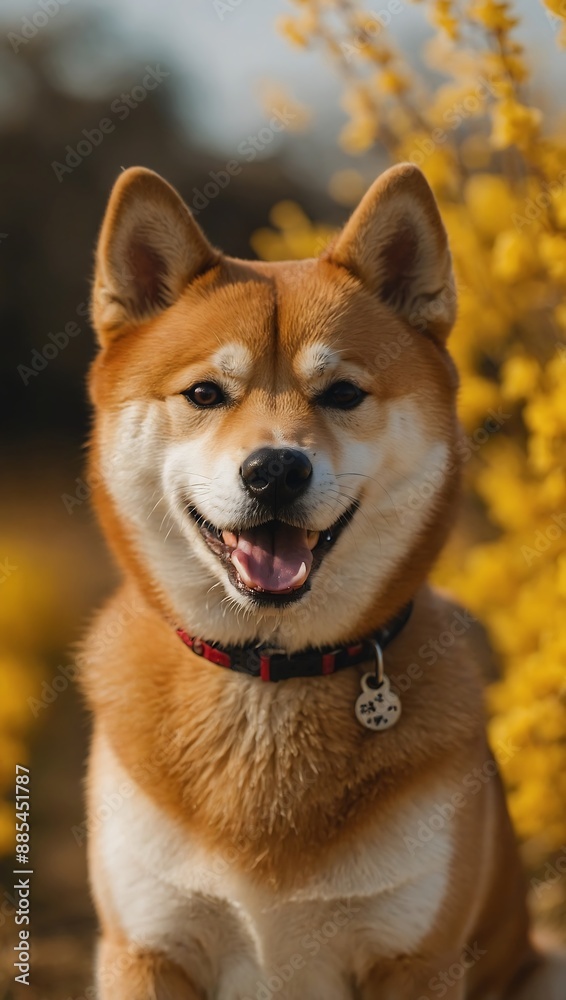 Portrait of a joyful Shiba Inu dog against a yellow background. Smiling red-haired Japanese dog