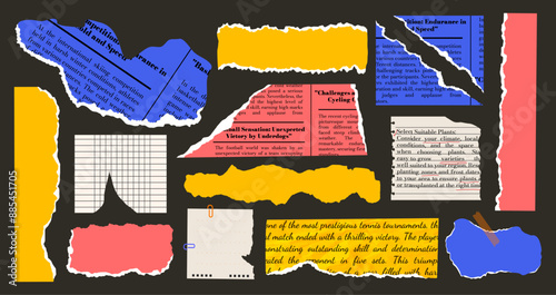 Collage of torn paper scraps. Set of sheets of paper. Vector illustration. Newspaper. Trendy elements for design. Templates. Ragged edges, unkempt crumpled paper. Frame, textbox. Retro
