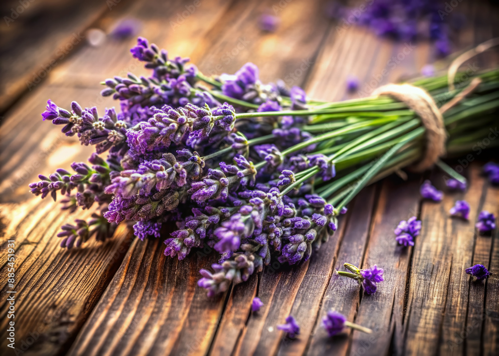 Naklejka premium Softly focused bunch of fresh lavender blooms arranged artfully on a distressed wooden table, evoking warmth and serenity in a cozy home decor setting.