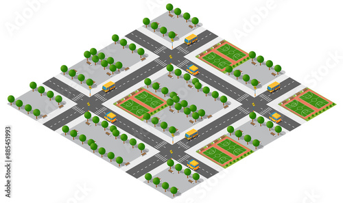 Isometric city map with basketball courts and school buses driving on the road