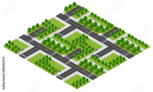 Isometric city streets passing through green parks and lawns