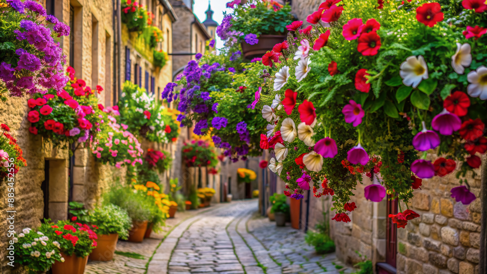 Vibrant petunias in hanging baskets adorn a charming cobblestone alleyway, filling the scene with colorful blooms and lush greenery in a stunning floral display. Vibrant petunias in hanging baskets adorn a charming cobblestone alleyway, filling the scene with colorful blooms and lush greenery in a stunning floral display.