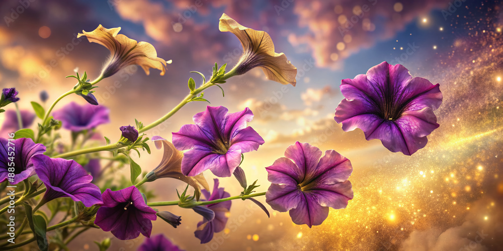 Vibrant purple petunia flowers swirl and twirl in mesmerizing ballet, set against a soft, ethereal backdrop of whispery clouds and shimmering golden light. Vibrant purple petunia flowers swirl and twirl in mesmerizing ballet, set against a soft, ethereal backdrop of whispery clouds and shimmering golden light.