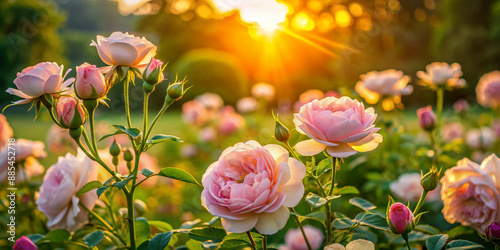 Fototapeta Naklejka Na Ścianę i Meble -  Soft pink roses bloom in a serene garden at dawn, warm golden sunrise light casting a romantic glow on the lush greenery and delicate petals.