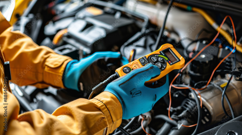 A mechanic wearing gloves using a diagnostic tool on a vehicle engine, showcasing precision and technical skills in automotive repair. A mechanic wearing gloves using a diagnostic tool on a vehicle engine, showcasing precision and technical skills in automotive repair.
