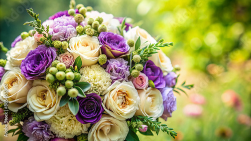 Beautiful, lush wedding bouquet featuring purple carnations, cream roses, ranunculus, and pistachios on a soft green background with ample copy space available.