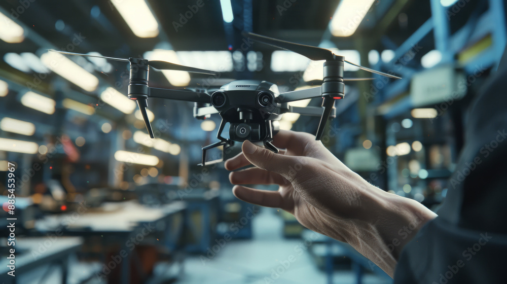 A person holding a drone in a high-tech factory, highlighting the confluence of modern technology, craftsmanship, and innovation in a busy workshop setting. A person holding a drone in a high-tech factory, highlighting the confluence of modern technology, craftsmanship, and innovation in a busy workshop setting.