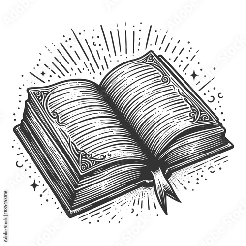 open book with a glowing aura and decorative elements, symbolizing magic and knowledge sketch engraving generative ai vector illustration. Scratch board imitation. Black and white image.