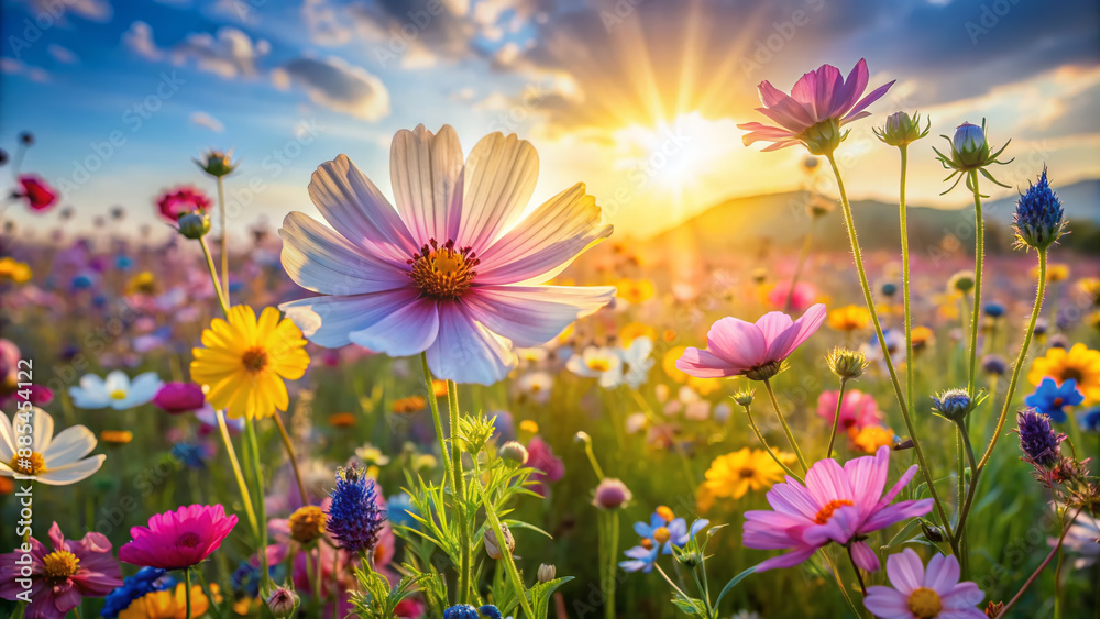 Vibrant wildflowers bloom in a serene field, showcasing delicate petals in shades of pink, yellow, blue, and purple against a soft, sunny background.