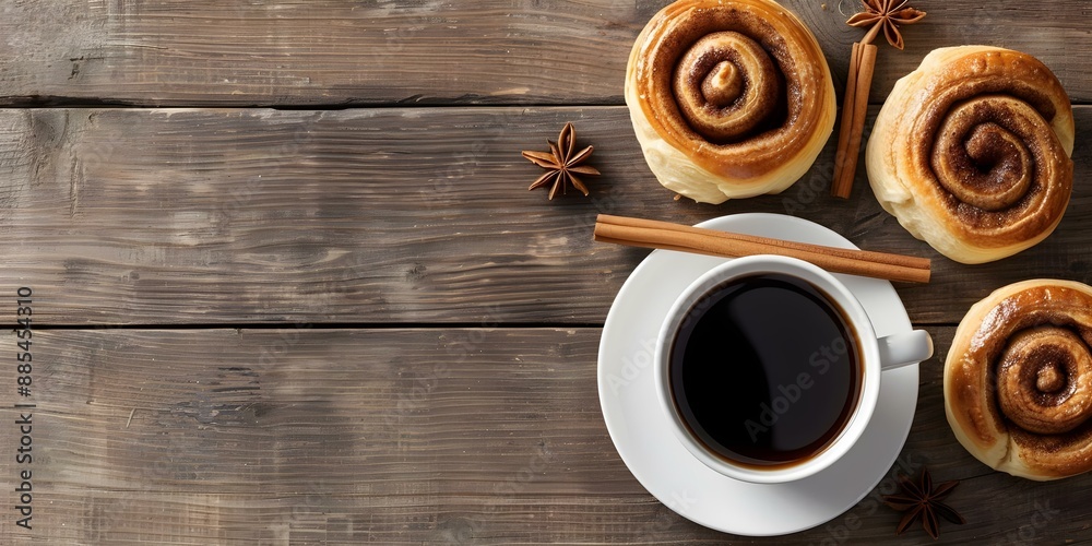 Overhead shot of coffee and cinnamon buns on wooden surface. Concept Coffee & Buns, Overhead Shot, Wooden Surface, Food Styling, Cozy Atmosphere Overhead shot of coffee and cinnamon buns on wooden surface. Concept Coffee & Buns, Overhead Shot, Wooden Surface, Food Styling, Cozy Atmosphere